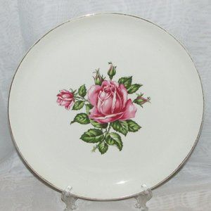 VINTAGE DOMINION CHINA ROSE BOWER DINNER PLATE 22K GOLD 74-60 PINK FLORAL 9 3/4"